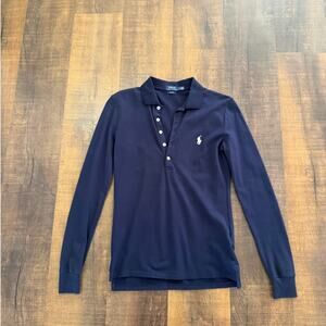 Polo Ralph Lauren Slim Fit Long Sleeve Performance Polo Shirt Navy Blue Size S